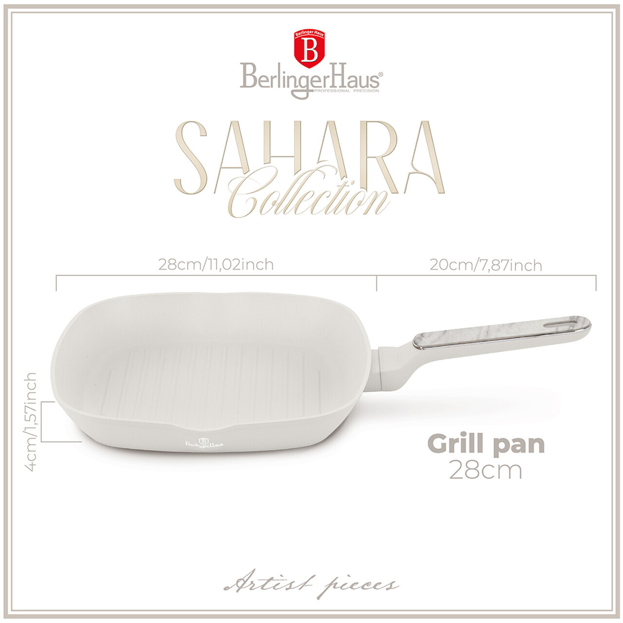 Tigaie grill Berlinger Haus, Sahara Marble, 28 cm, 2.1 L, aluminiu forjat, crem mat/marmura - imagine 5