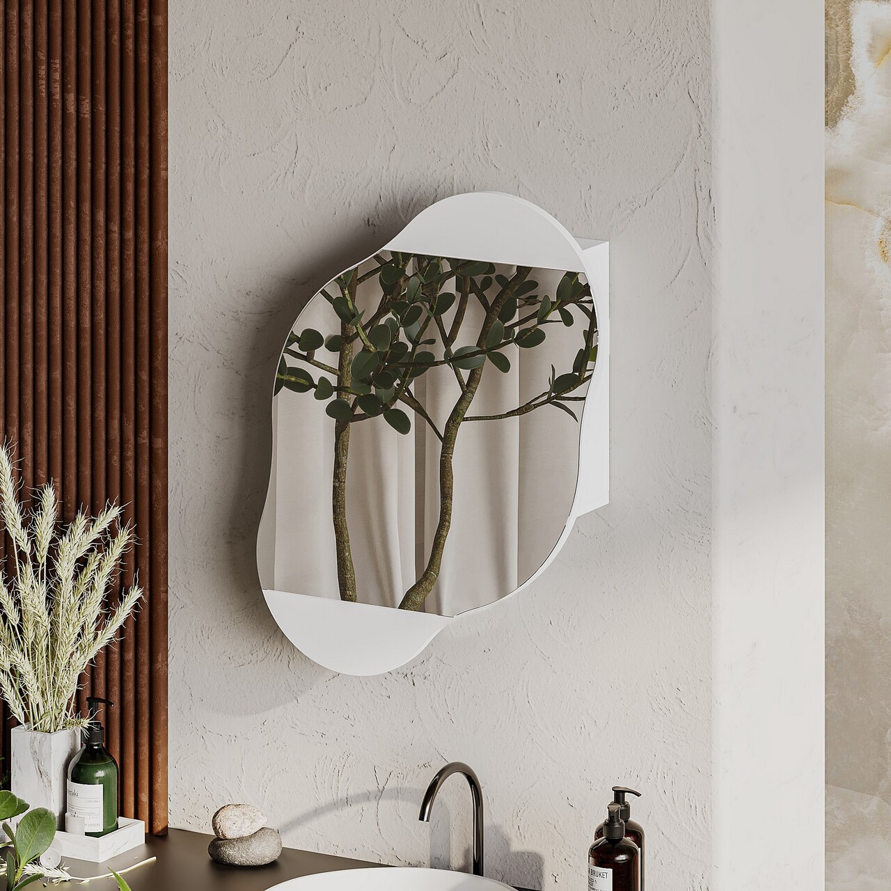 Dulap de baie, Decortie, Cloud Storage Bathroom Wall Mirror, 60x75x13 cm, PAL, Alb - 2 | YEO