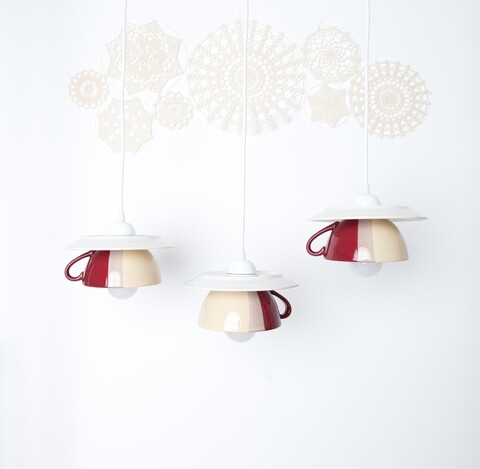 Lustra afternoon tea triple crazy, deco republic, e27, 1x60w, ceramica, cesti + farfurii, alb/visiniu