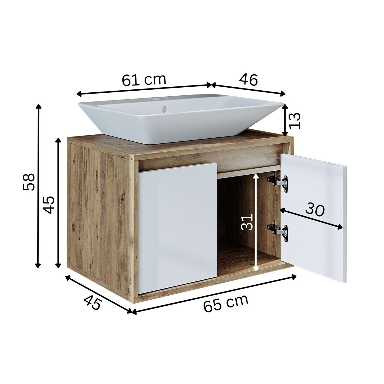 Dulap de baie cu chiuvetă, Hanah Home, 1750, 65x58x45 cm, MDF-LAM, Pin Atlantic / Alb Mat — imaginea 7