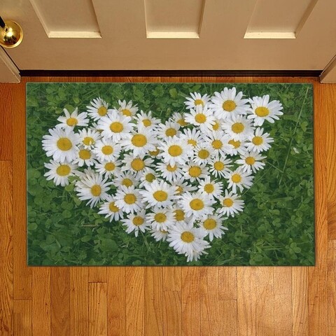 Covoras de intrare Heart of flowers, Casberg, 38×58 cm, poliester, verde/alb