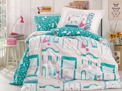Lenjerie de pat pentru o persoana, 3 piese, 100% bumbac poplin, hobby, sonia, alb/turcoaz