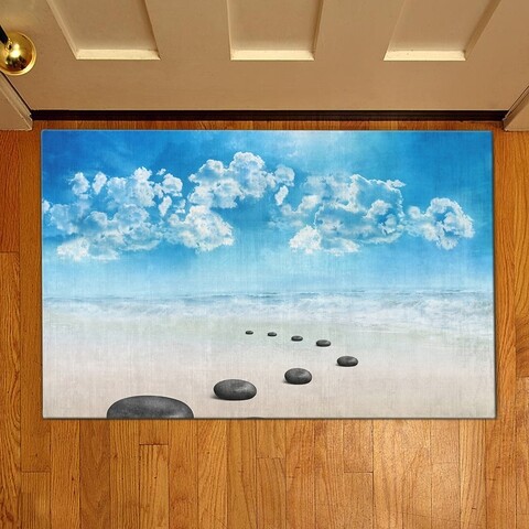 Covoras de intrare Stones on the sand, Casberg, 38×58 cm, poliester, alb/albastru Casberg