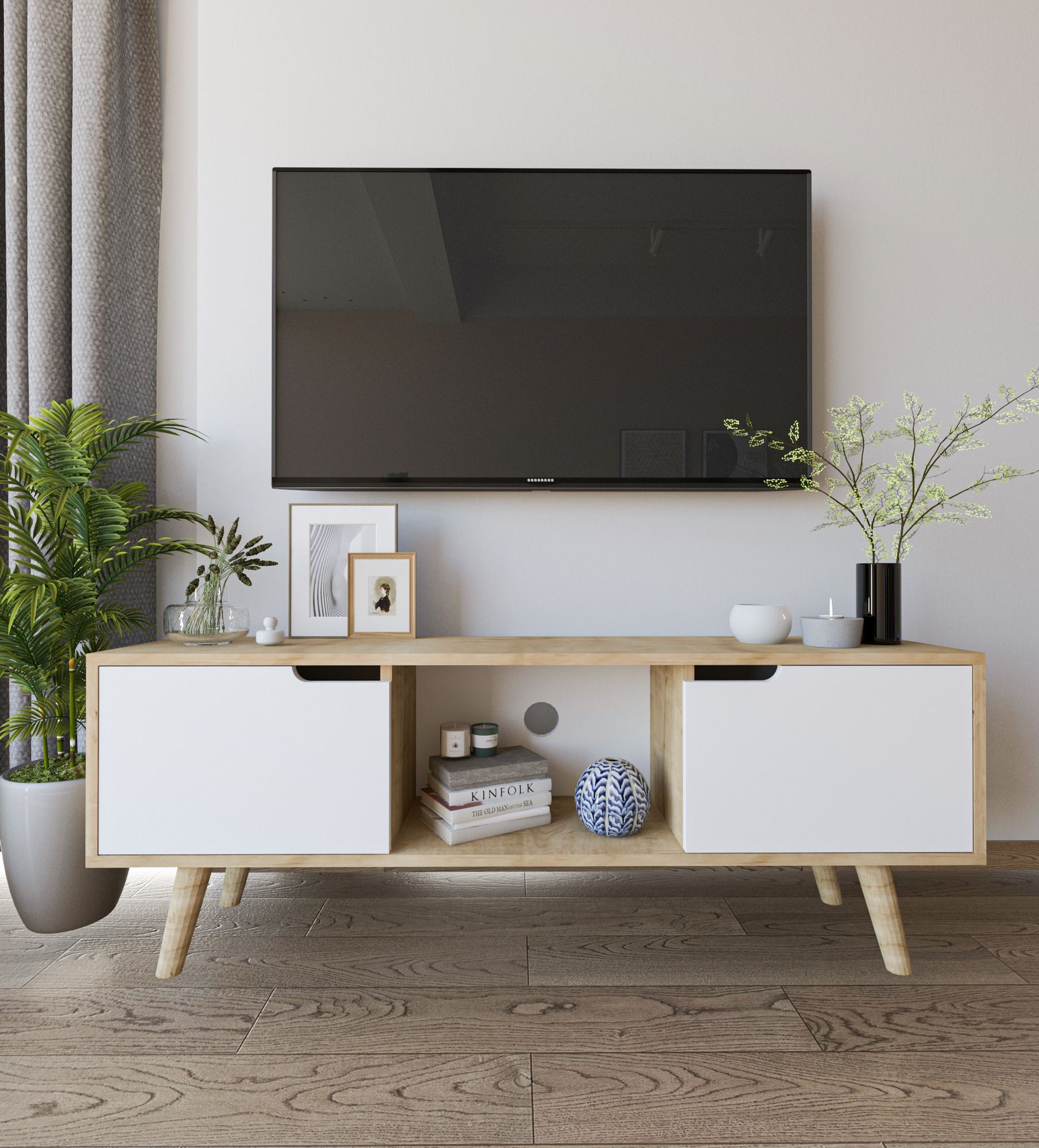 Comoda TV, Hanah Home, Siena, 139.7x53x53 cm, PAL, Stejar Safir / Alb