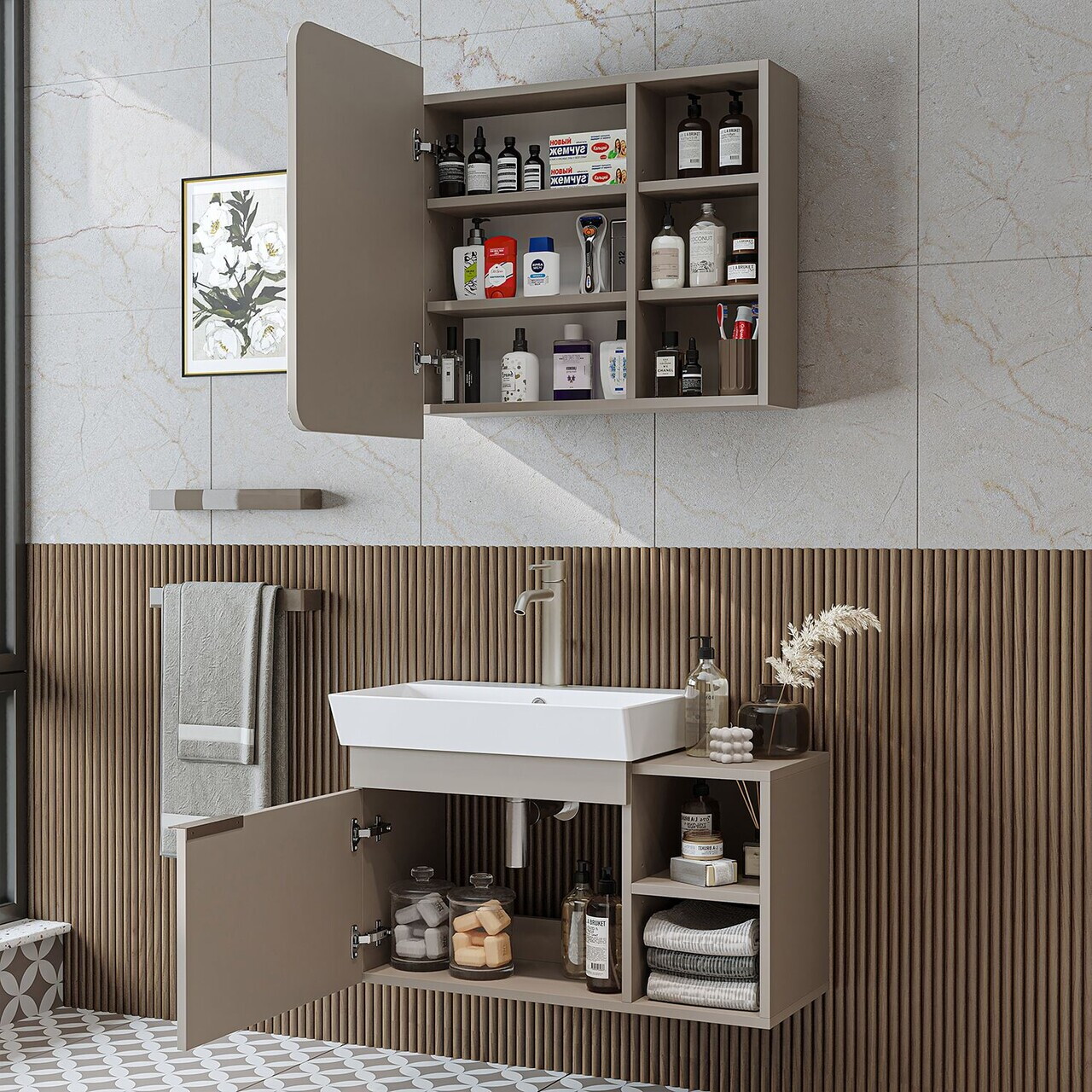 Set Dulap de Baie cu Chiuvetă și Oglindă (2 Piese), Hanah Home, 2938, MDF, Gresie — imaginea 5