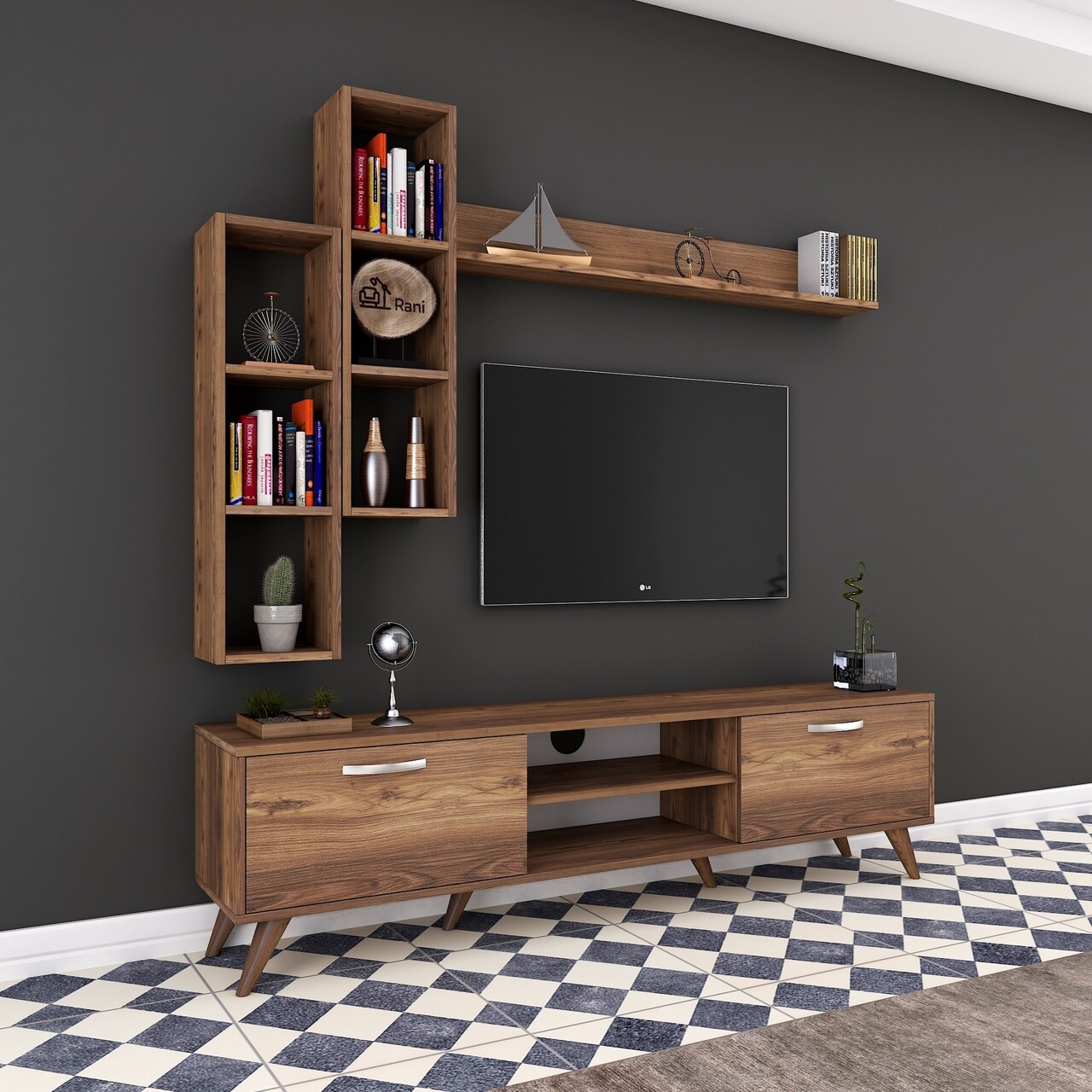 Comoda TV Cu 3 Rafturi De Perete M16 - 262, Wren, 180 X 35 X 48.6 Cm/90 Cm/133 Cm, Walnut