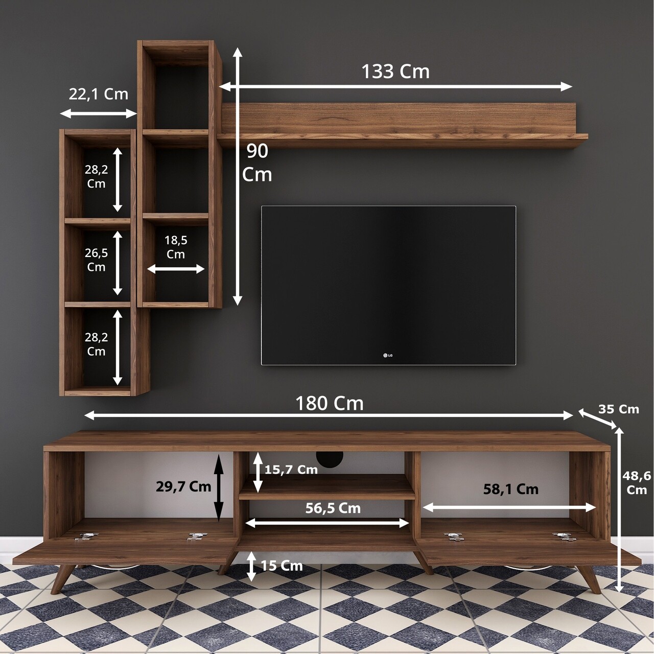 Comoda TV Cu 3 Rafturi De Perete M16 - 262, Wren, 180 X 35 X 48.6 Cm/90 Cm/133 Cm, Walnut