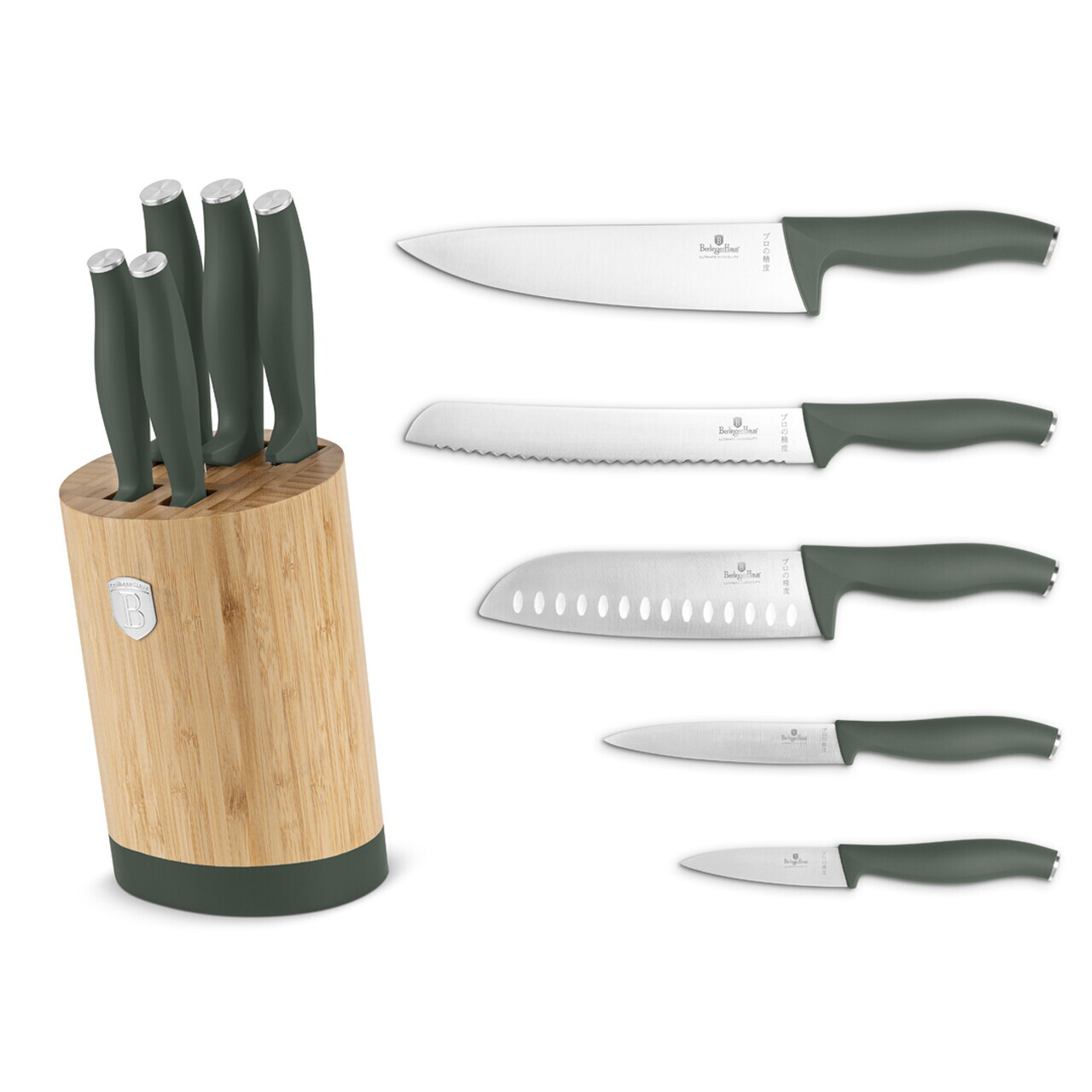 Set 5 cutite cu suport rotund Berlinger Haus, Matte Green, inox/bambus, verde mat/natur - imagine 4