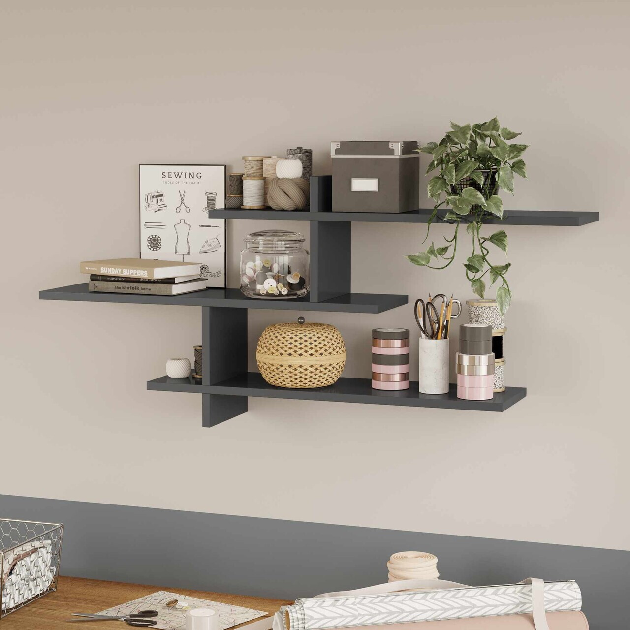 Raft de perete Hanah Home Genoa 123x55x22 cm PAL Antracit