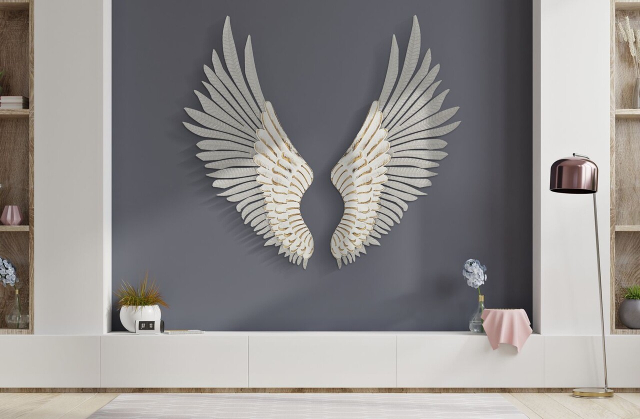 Set 2 decoratiuni de perete, Mauro Ferretti, Wings, 43.8x104 cm, fier, alb prespalat - imagine 4