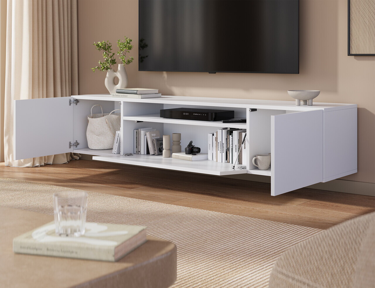 Comoda TV ADRK, Femur, 200x41x40 cm, PAL laminat, alb — imaginea 3