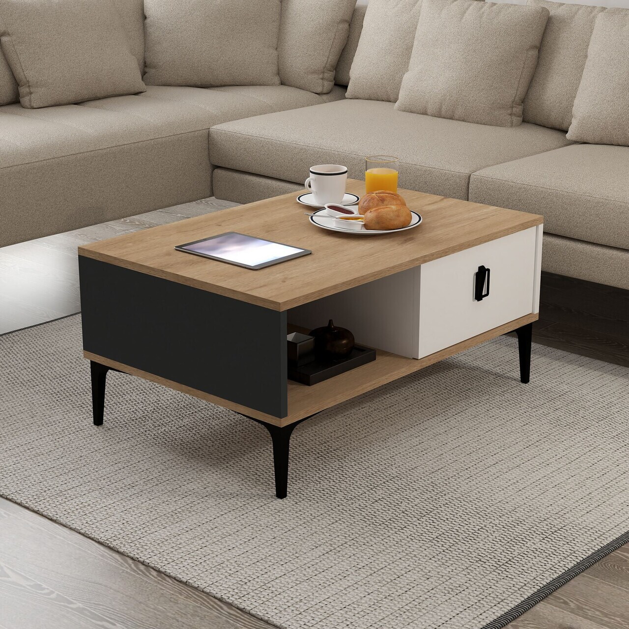 Masuta de cafea, Hanah Home, Sare 2001, 90x41.5x60 cm, PAL, Stejar Safir / Alb / Antracit — imaginea 3