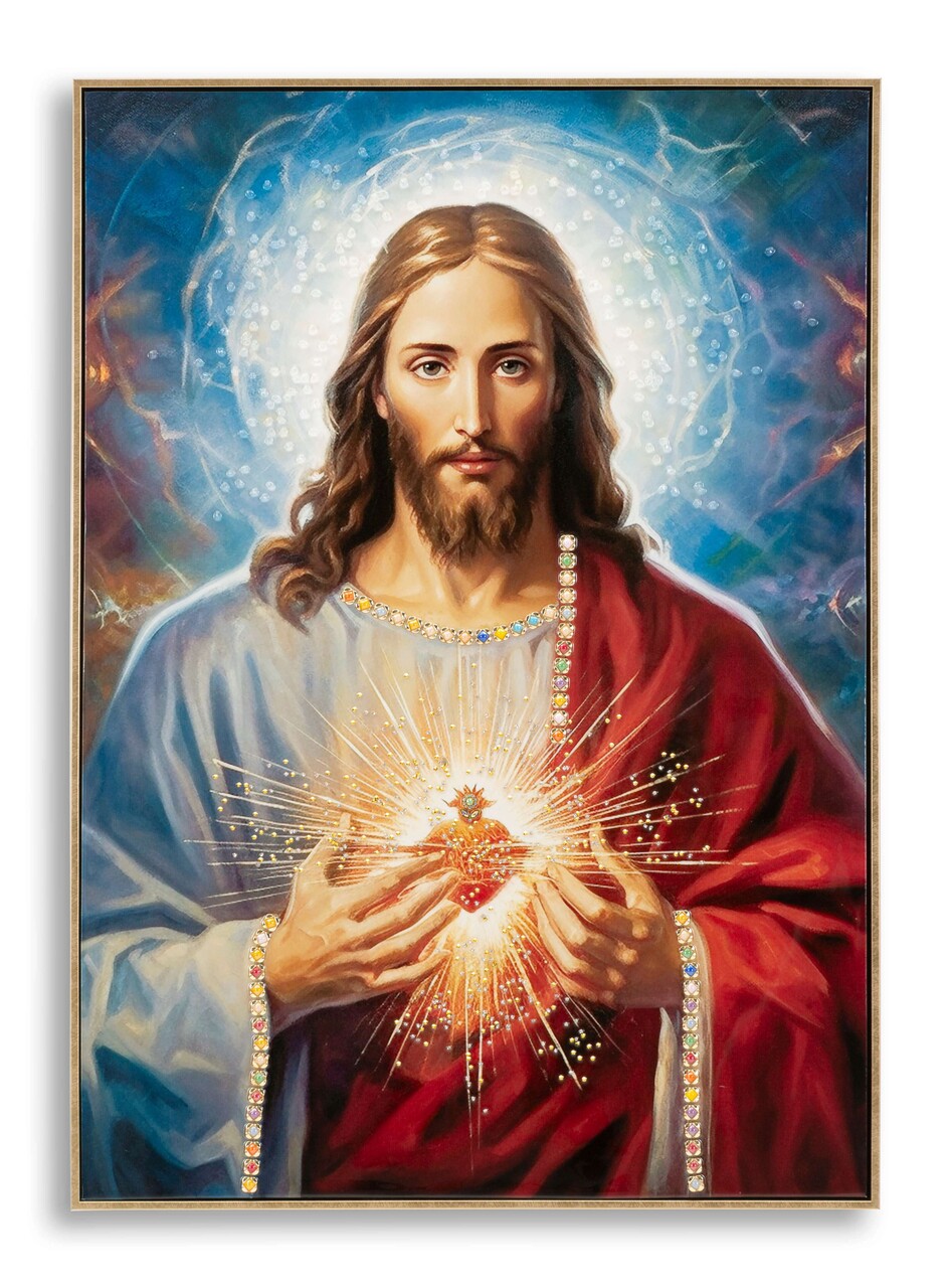 Tablou decorativ Jesus, Mauro Ferretti, 72x102 cm, lemn de pin/canvas pictat si lacuit, multicolor