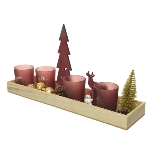 Set 4 suporturi pentru lumanari+tava Xmas, Decoris, 36x3x9 cm, sticla, rosu/auriu
