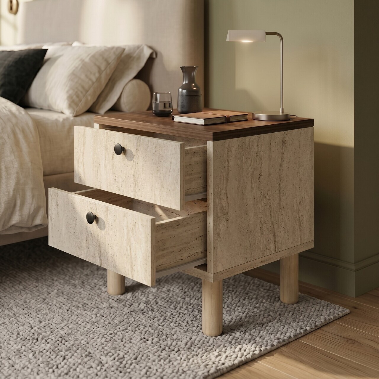 Noptiera, Hanah Home, Rayme, 44.5x49.5x40 cm, Travertin / Nuc Venezia — imaginea 3