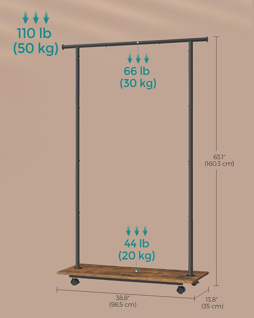 Suport mobil pentru umerase Wide, Songmics, 98.5x35x160.3 cm, max 50 kg, PAL/otel, maro/negru