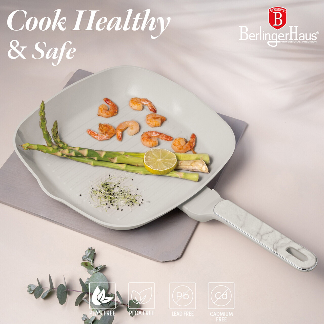 Tigaie grill Berlinger Haus, Sahara Marble, 28 cm, 2.1 L, aluminiu forjat, crem mat/marmura - imagine 6