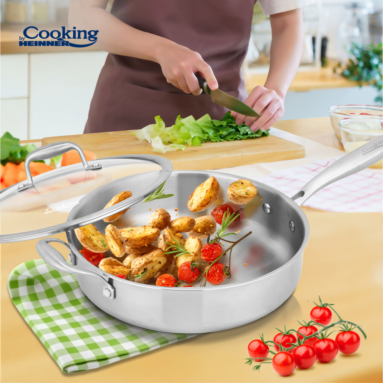 Tigaie adanca cu capac Atomic3, Cooking by Heinner, 28x7.5 cm, 4.2 L, inox/sticla, argintiu - imagine 7