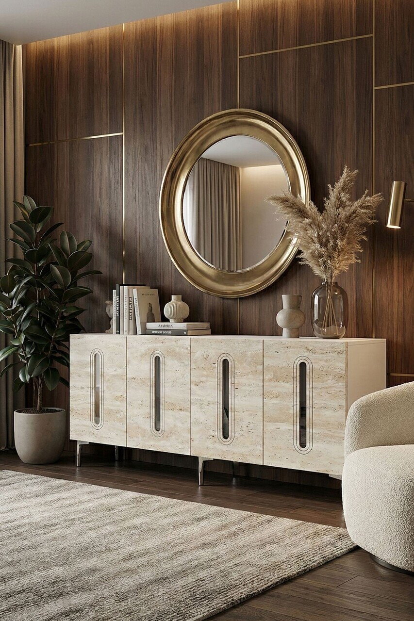 Consola, Hanah Home, Rany 180, 180x75x32 cm, White / Travertine / Silver — imaginea 2
