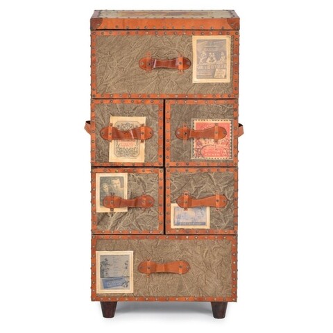 Comoda inalta cu 6 sertare, exotic, l.40 l.32 h.108, lemn/stofa/piele, multicolor