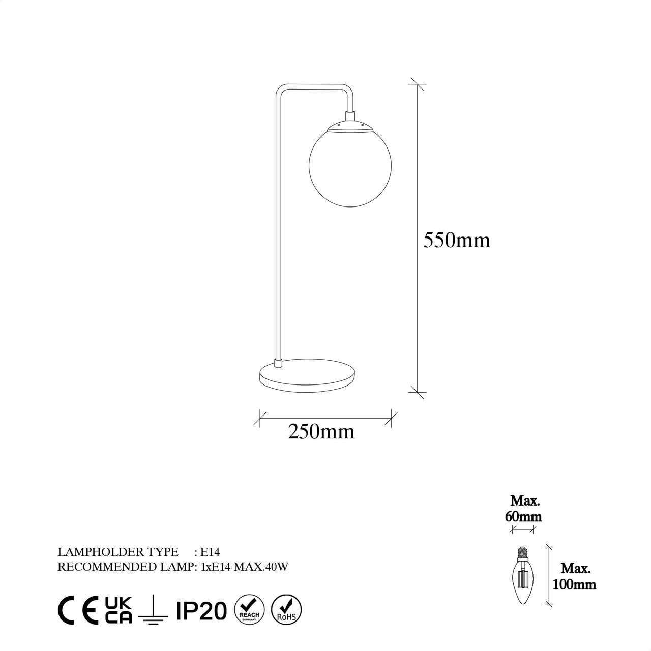 Lampa de masa, Fulgor, 942FLG1344, Metal, Alb/Negru