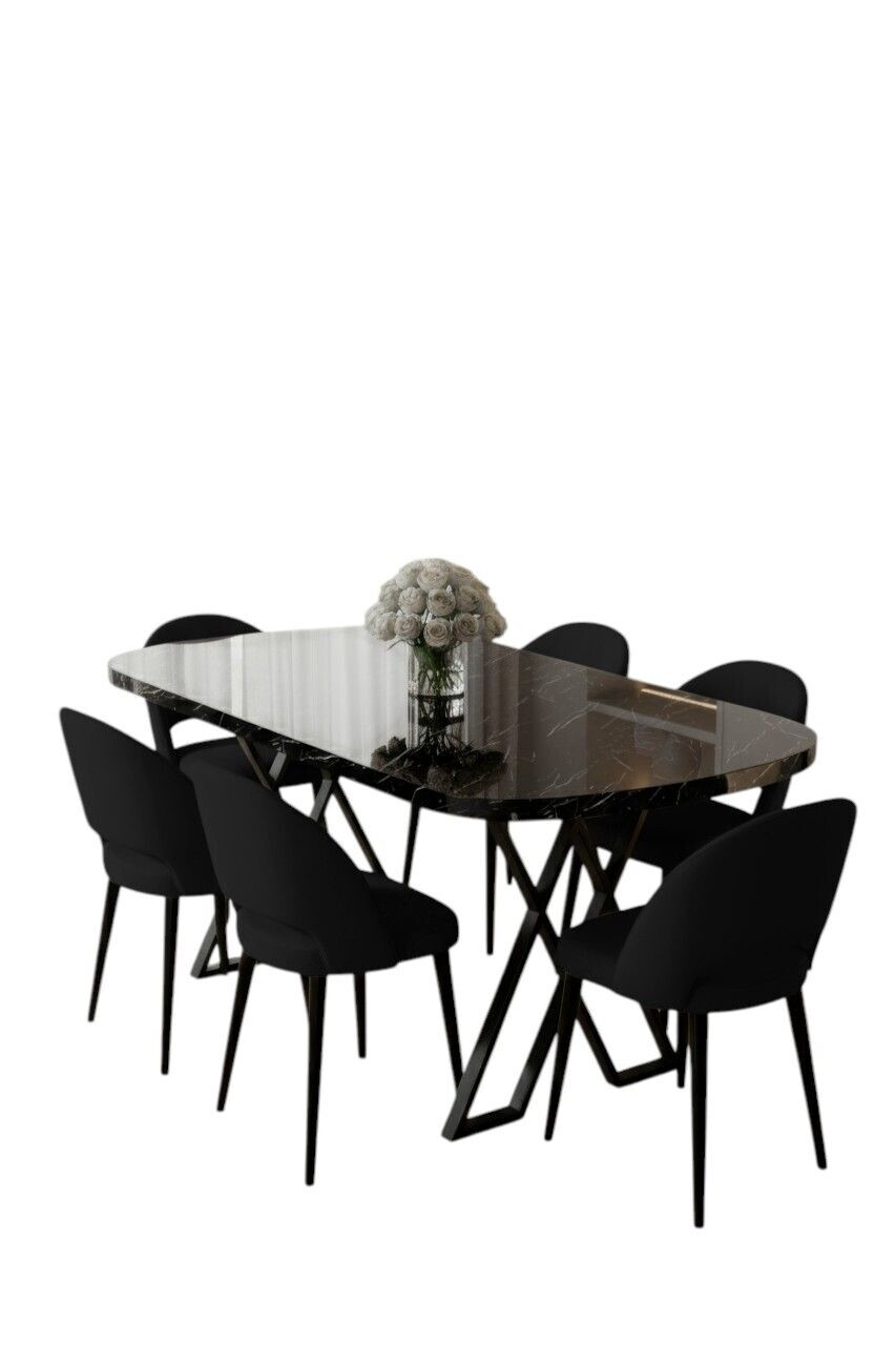 Set masa si scaune (7 piese), Hanah Home, Arvon, Model de marmură neagră / Negru — imaginea 2