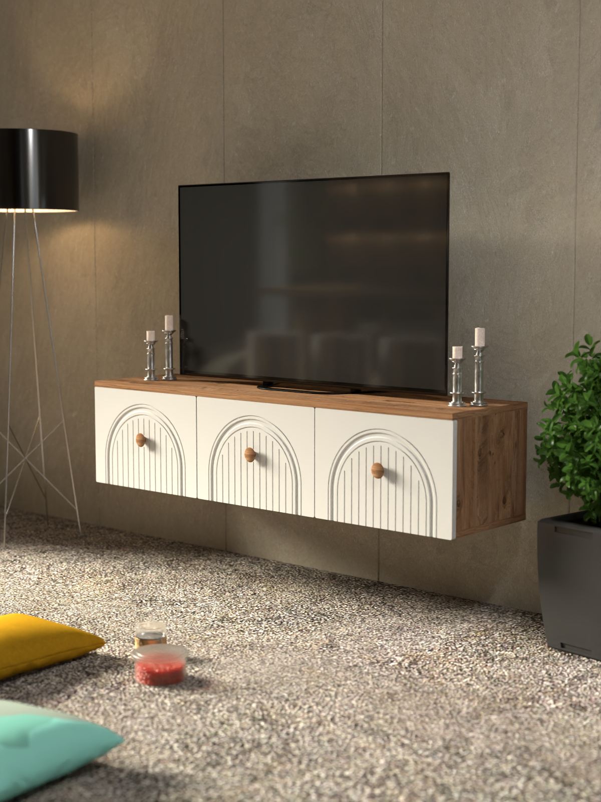 Comoda TV, Hanah Home, Lunera 135, 135x32x35 cm, PAL, Pin Atlantic / Alb