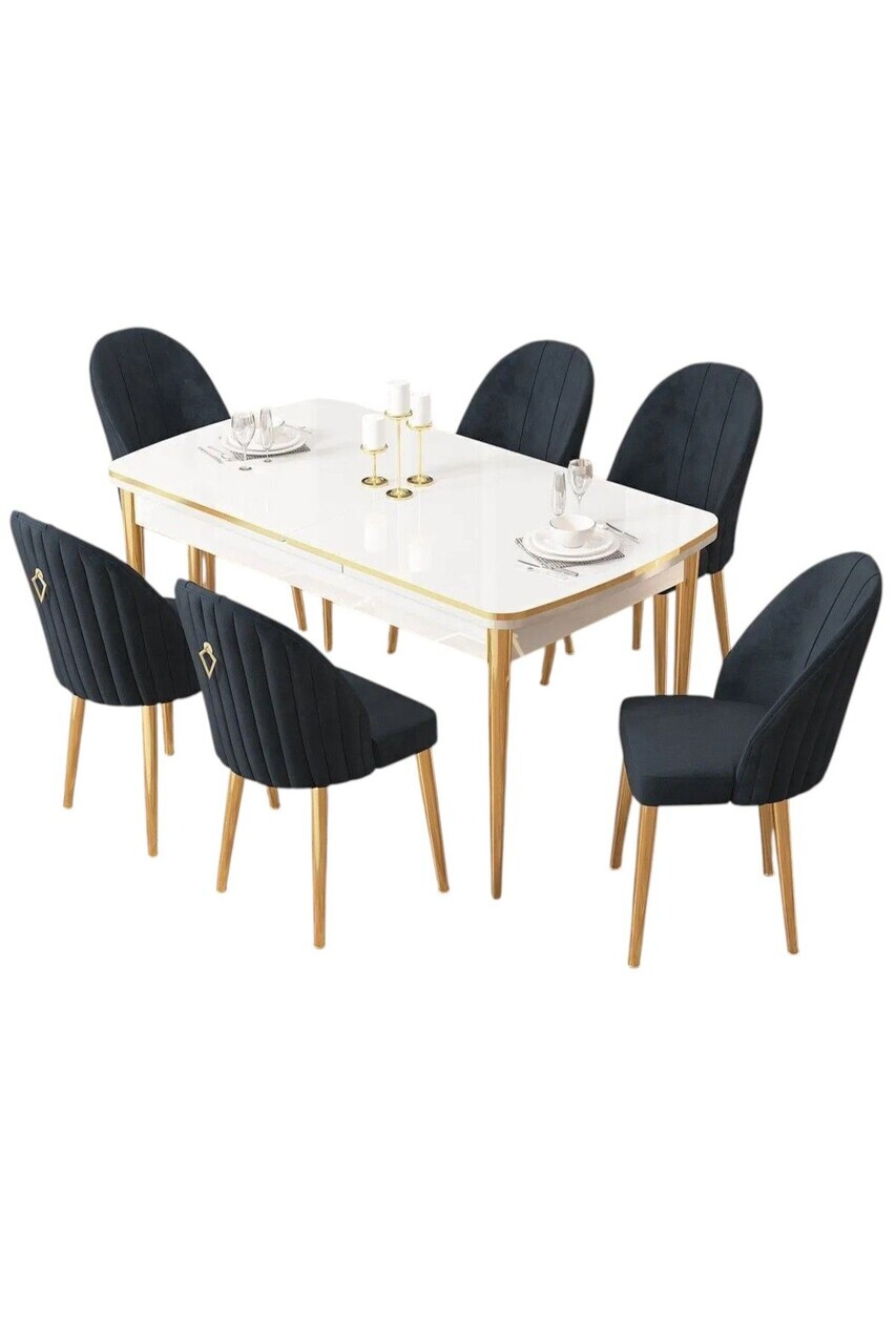 Set masa extensibila si scaune (7 piese), Hanah Home, Edaf, Alb / Auriu / Antracit — imaginea 2