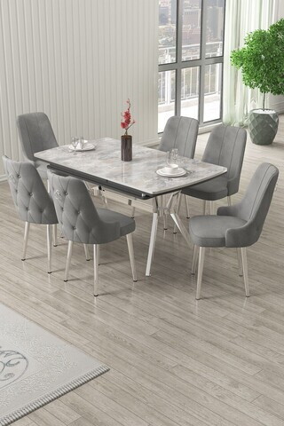 Set masa extensibila si scaune (7 piese), Hanah Home, Nis, Gri/Crom