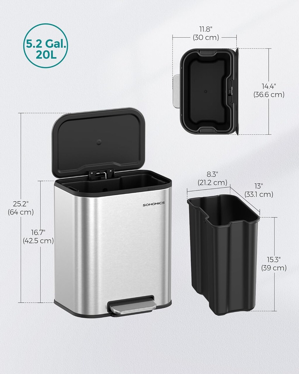 Cos de gunoi cu pedala 20 L, Songmics, inchidere soft close, 36.6x30x42.5 cm, inox, argintiu - 1 | YEO