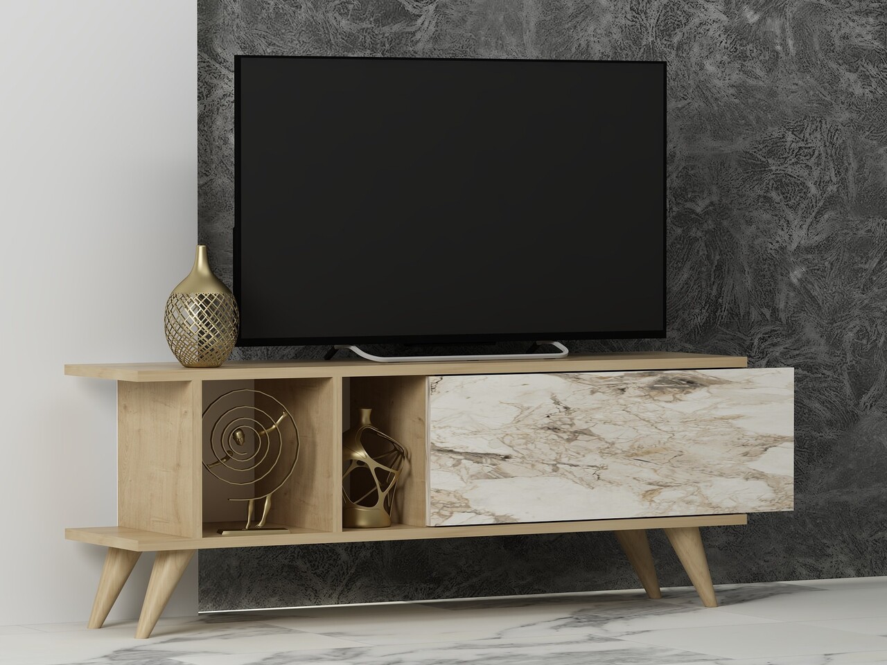 Comoda TV, Odessa, Liberty, 120x30x45 cm, PAL, Stejar safir / marmură - 1 | YEO