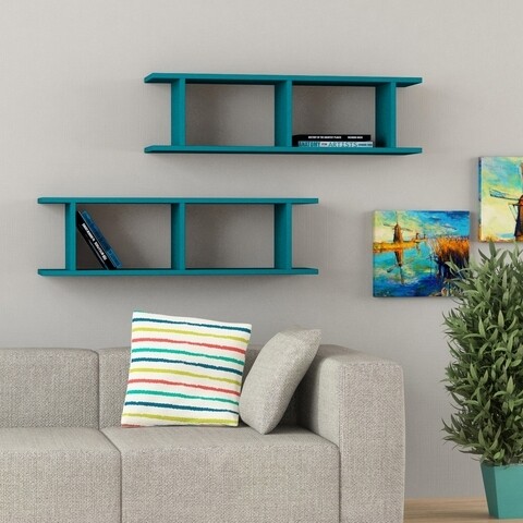 Set 2 rafturi pentru perete Ray, Decortie, 100x22x26 cm, turcoaz