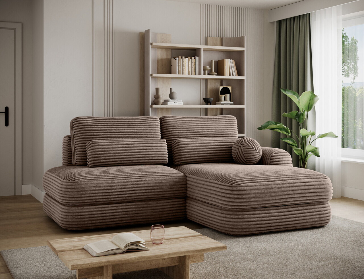 Coltar extensibil dreapta 3 locuri ELTAP, Ripeli, 217x175x96 cm, lemn/catifea din poliester, maro deschis — imaginea 2