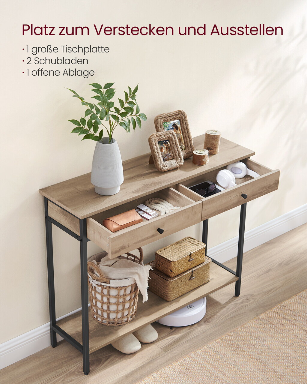 Consola cu 2 sertare, Vasagle, 100x30x80 cm, PAL/otel, camel/negru - imagine 3