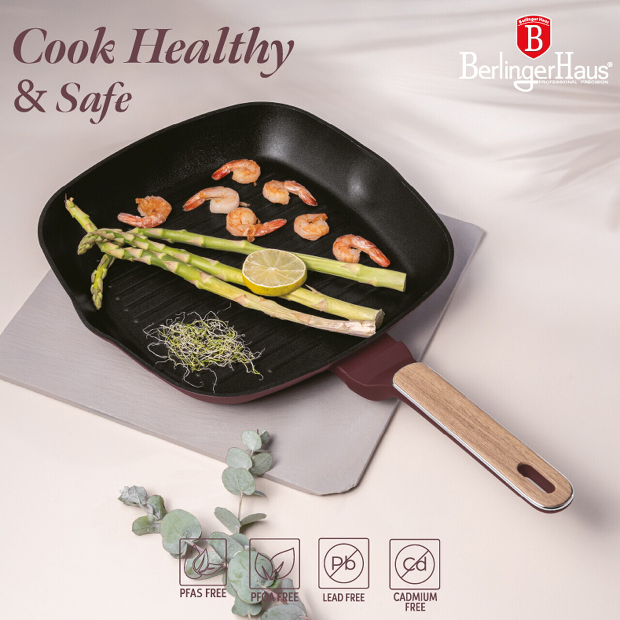 Tigaie grill Berlinger Haus, Leonardo Nordic, 28 cm, 2.1 L, aluminiu forjat, visiniu mat - imagine 14