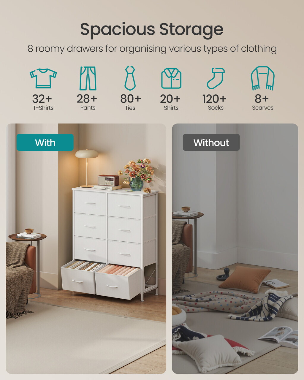 Comoda cu 8 sertare, Songmics, 76.7x30x92.2 cm, sertare textile, cadru metalic, alb - imagine 5