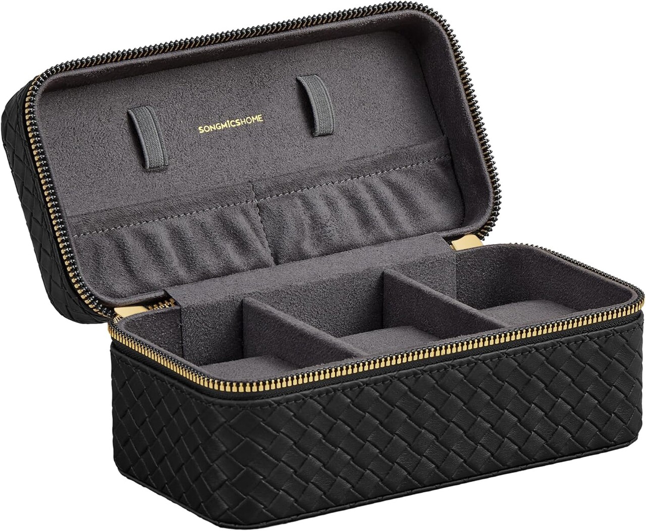 Cutie de voiaj pentru ceasuri Ronne Travel, Songmics, 20x11x9 cm, 3 compartimente, piele ecologica/metal, negru/gri