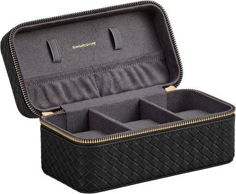 Cutie de voiaj pentru ceasuri Ronne Travel, Songmics, 20x11x9 cm, 3 compartimente, piele ecologica/metal, negru/gri