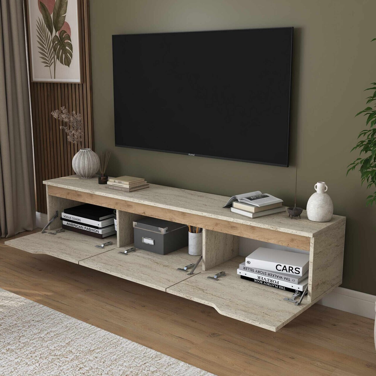 Comoda TV, Hanah Home, AA168, 180x48.3x35 cm, Travertin / Nuc — imaginea 4
