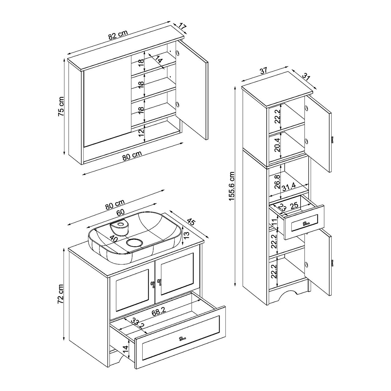 Set Dulap de Baie cu Chiuvetă și Oglindă (3 Piese), Hanah Home, 2394, MDF-LAM, Alb mat — imaginea 9