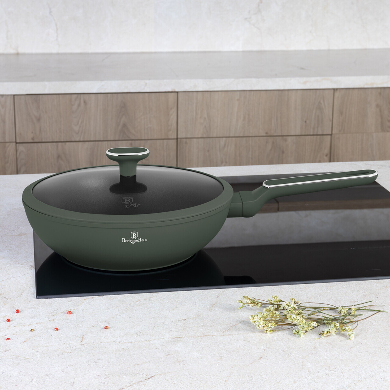 Tigaie Wok cu capac Berlinger Haus, Matte Green, 28 cm, 3.2 L, aluminiu forjat, verde mat - imagine 5