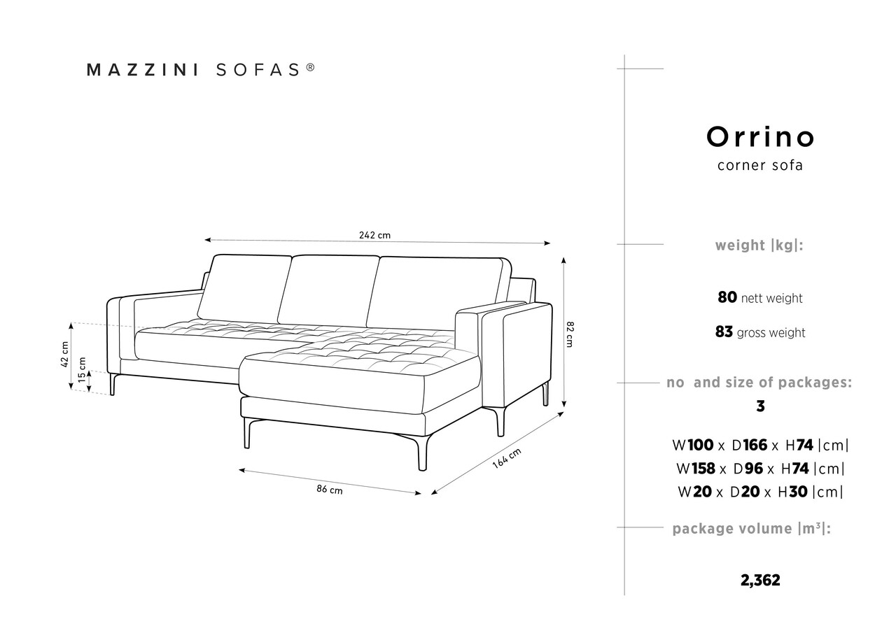 Coltar Dreapta, Orrino, Mazzini Sofas, 4 Locuri, 242x164x82 Cm, Catifea, Argintiu