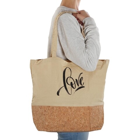 Sacosa de cumparaturi Love, Versa, 45 x 15 x 36 cm, textil, bej