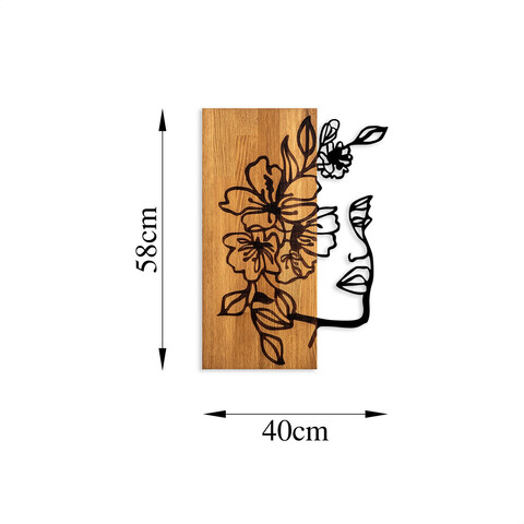 Decoratiune de perete, Woman Floral Face, Lemn/metal, Dimensiune: 41 x 58 cm, Nuc / Negru