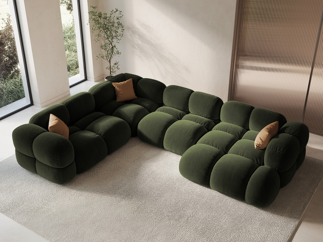Coltar panoramic stanga 5 locuri, Loretto, Cosmopolitan Design, 345x250x68 cm, catifea, verde - 1 | YEO
