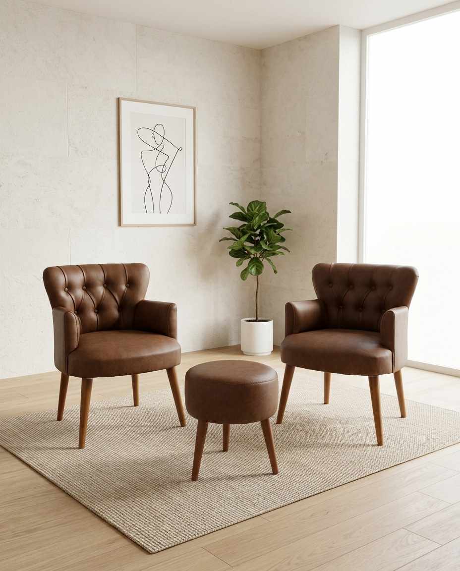 Set fotoliu cu aripioare și puf (3 piese), Atelier del Sofa, 281ELR1190, Maro