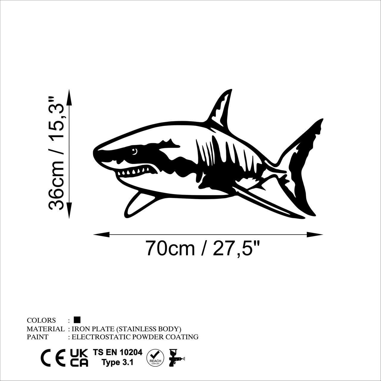 Decoratiune de perete, Shark, 70 x 36 cm, Negru - view 6