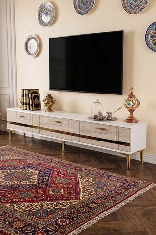 Comoda TV, Hanah Home, Ilay, 180x41x30 cm, White / Travertine / Gold