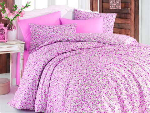 Lenjerie de pat dubla Lily, Majoli Home Collection, 4 piese, 200x220 cm, 100% bumbac ranforce, roz