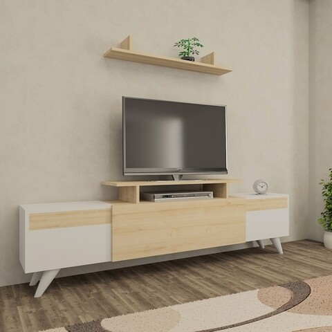Comoda TV cu raft de perete Miray, Arnetti, 180 x 42 cm/90 x 14.5 cm, alb/oak 14.5